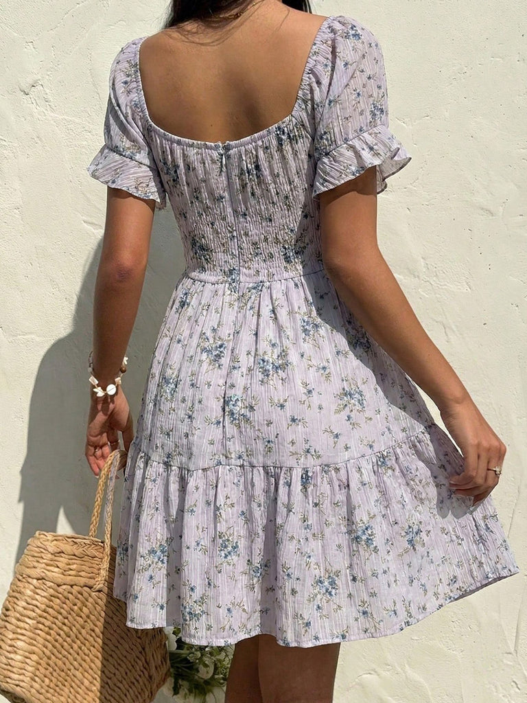 1950s Floral Square Neck Ruffle Dress 15