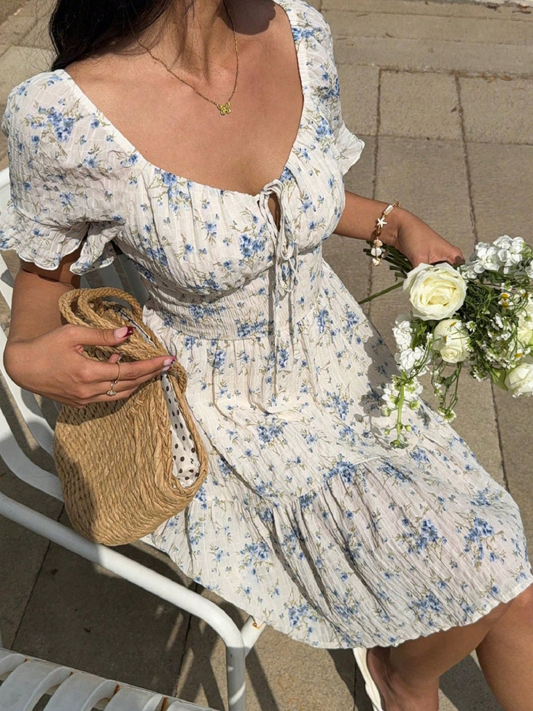 1950s Floral Square Neck Ruffle Dress 4