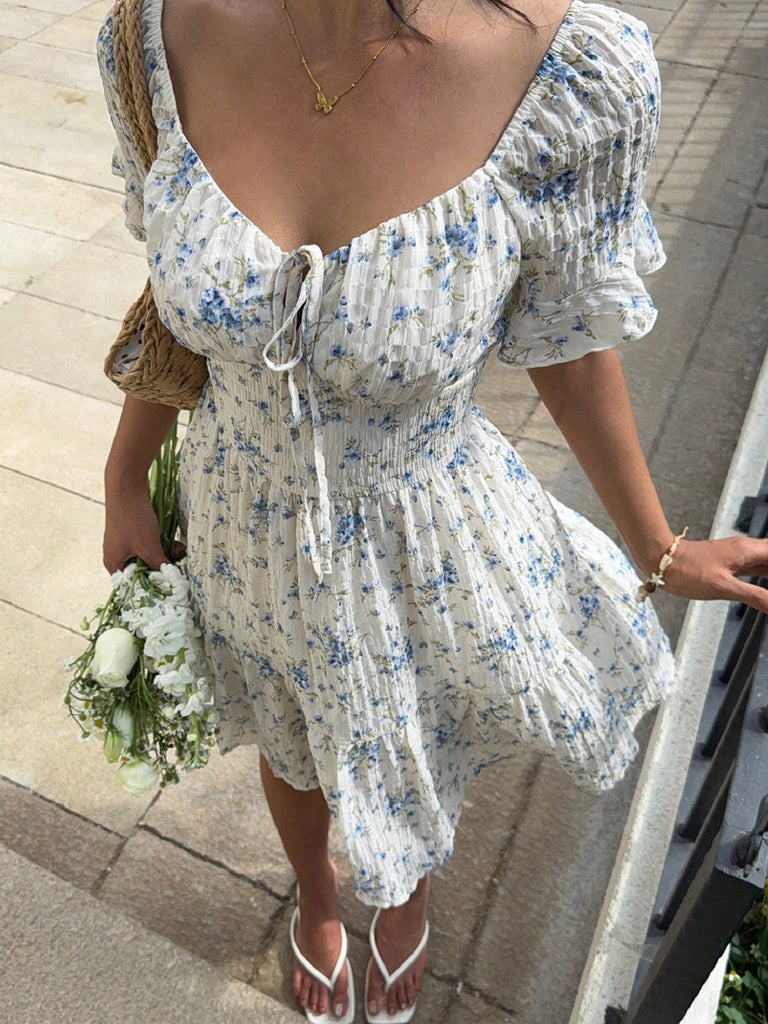 1950s Floral Square Neck Ruffle Dress 5