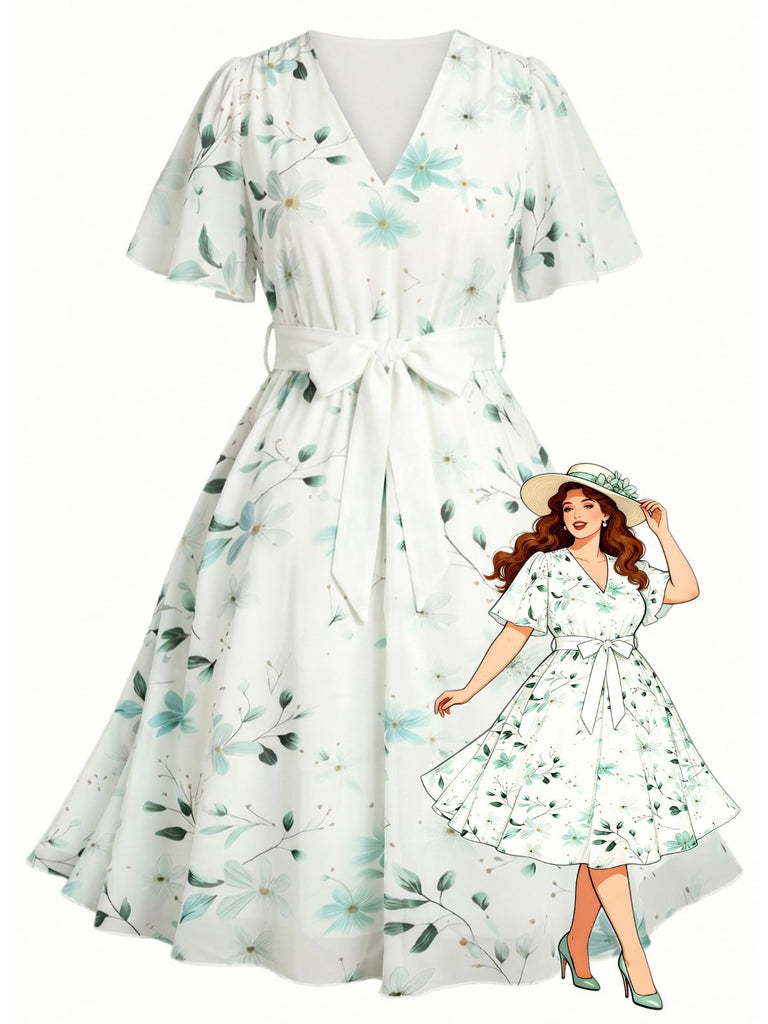 [Plus Size] 1950s Floral V-Neck A-Line Chiffon Dress, vintage dress, retro fashion, rockabilly, pin-up fashion - perfect for women who love vintage and retro fashion