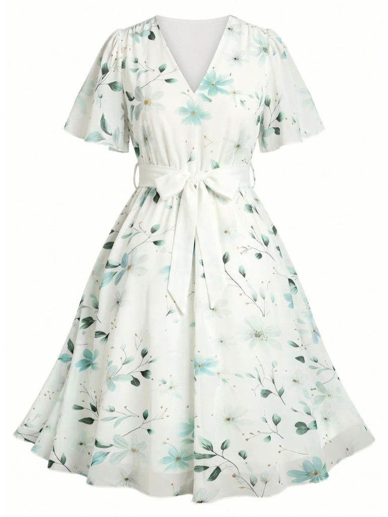 [Plus Size] 1950s Floral V-Neck A-Line Chiffon Dress, vintage dress, retro fashion, rockabilly, pin-up fashion - perfect for women who love vintage and retro fashion