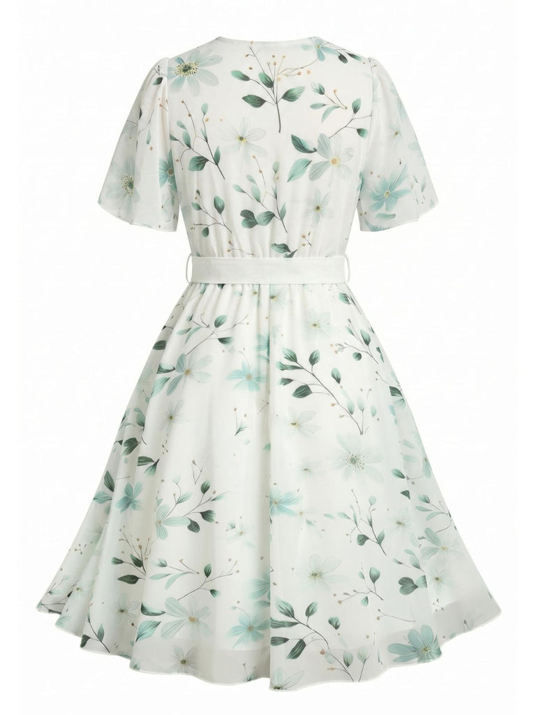 [Plus Size] 1950s Floral V-Neck A-Line Chiffon Dress, vintage dress, retro fashion, rockabilly, pin-up fashion - perfect for women who love vintage and retro fashion