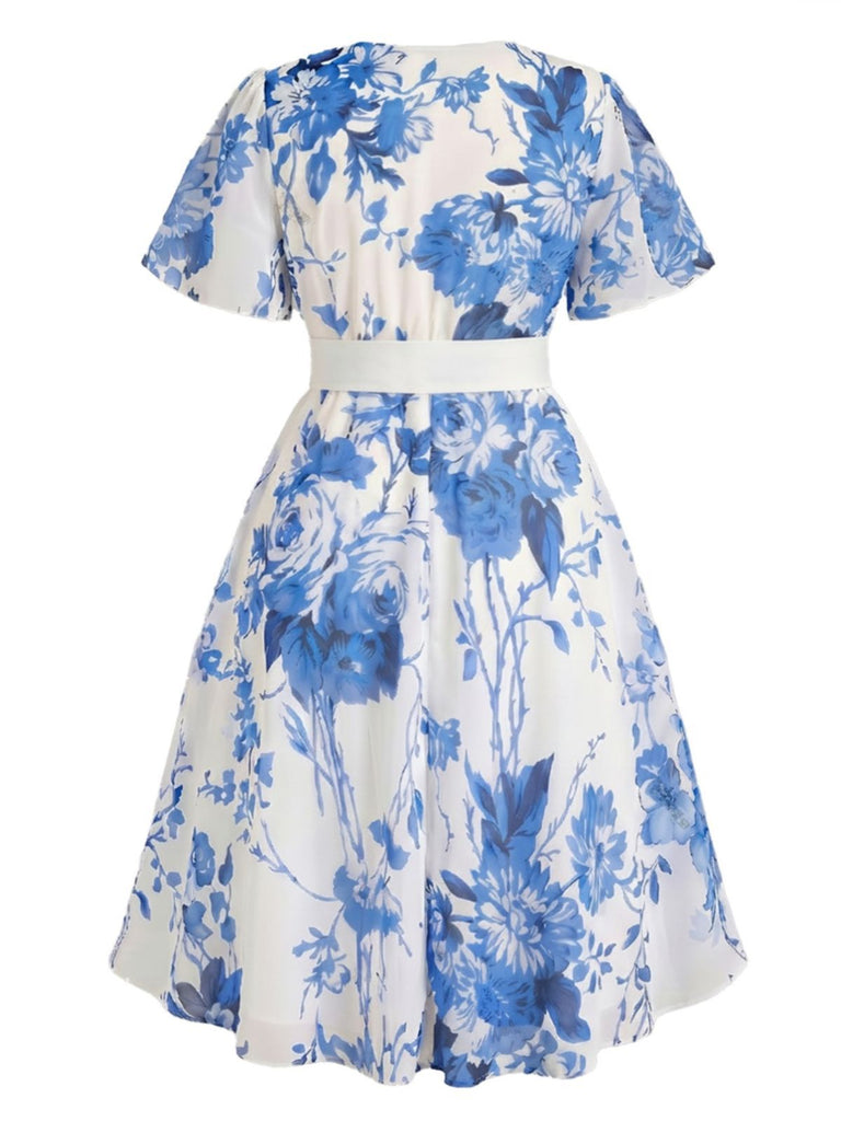 [Plus Size] 1950s Floral V-Neck A-Line Chiffon Dress, vintage dress, retro fashion, rockabilly, pin-up fashion - perfect for women who love vintage and retro fashion