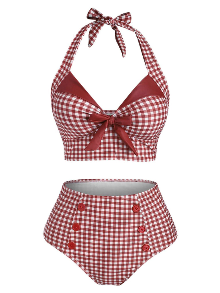 1950s Gingham Halter Bowknot Bikini Set - vintage fashion, retro style