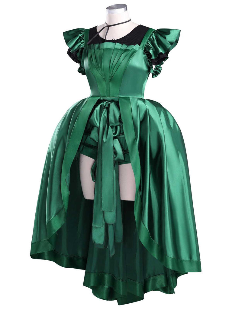Green 1950s Wednesday Addams Inspired Satin Costume Set - vintage fashion, retro style, elegant red
