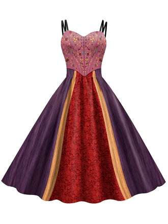 She slips into this 1950s Halloween Double Straps Patchwork Dress and suddenly it's a 1950s daydream