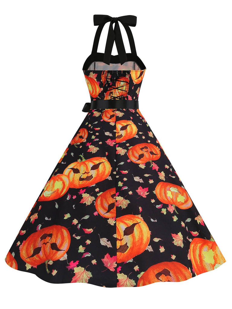 This 1950s Halloween Pumpkin Face Halter Dress wraps her in 1950s elegance, one twirl at a time
