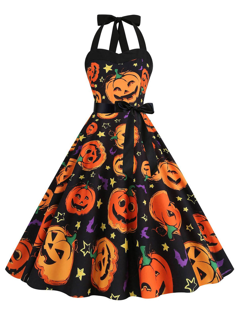 1950s Halloween Pumpkin Face Halter Dress — the kind of 1950s dress that makes strangers smile