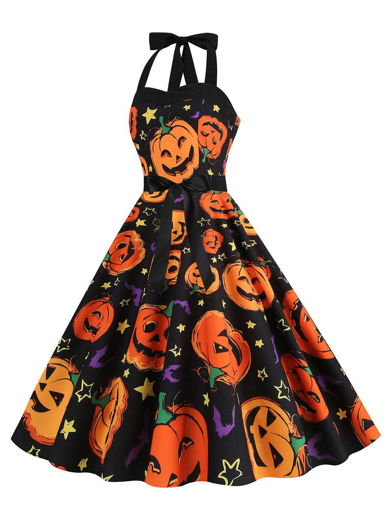 1950s Halloween Pumpkin Face Halter Dress — a 1950s silhouette that turns sidewalks into runways