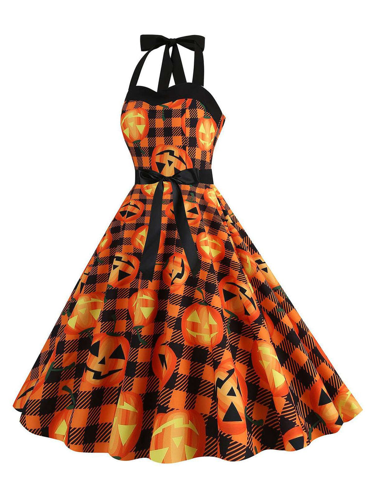 This 1950s Halloween Pumpkin Face Halter Dress wraps her in 1950s elegance, one twirl at a time