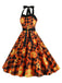 This 1950s Halloween Pumpkin Face Halter Dress wraps her in 1950s elegance, one twirl at a time