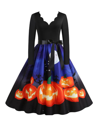 1950s Halloween Pumpkin Night V-Neck Dress: timeless style reimagined