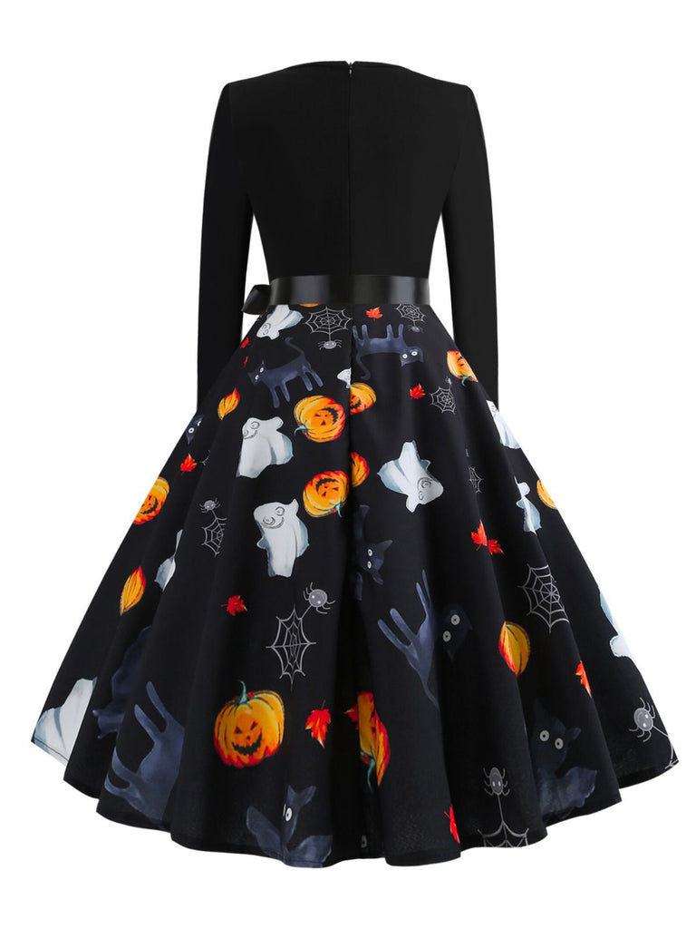 1950s Halloween Pumpkin Spiderweb Petal Neck Dress - vintage dress, retro fashion, rockabilly