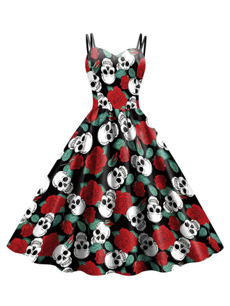 1950s Halloween Skull Rose Strap Dress: timeless style reimagined