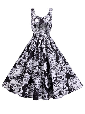 1950s Halloween Skull Sleeveless Swing Dress - vintage dress, retro fashion, rockabilly