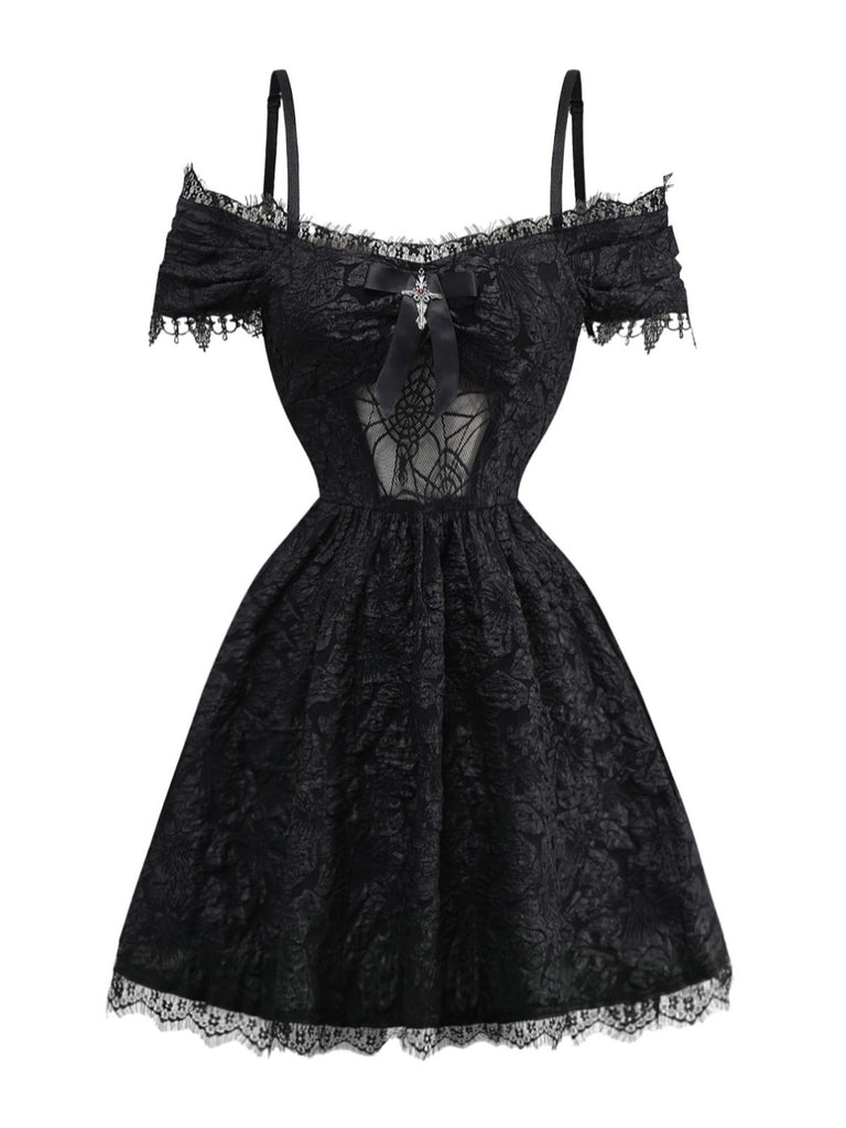 1950s Halloween Spider Web & Cross Textured Dress - vintage dress, retro fashion, rockabilly