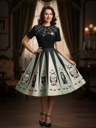 1950s Halloween Spider Web Print Patchwork Dress, vintage dress, retro fashion, rockabilly, pin-up fashion - perfect for women who love vintage and retro fashion
