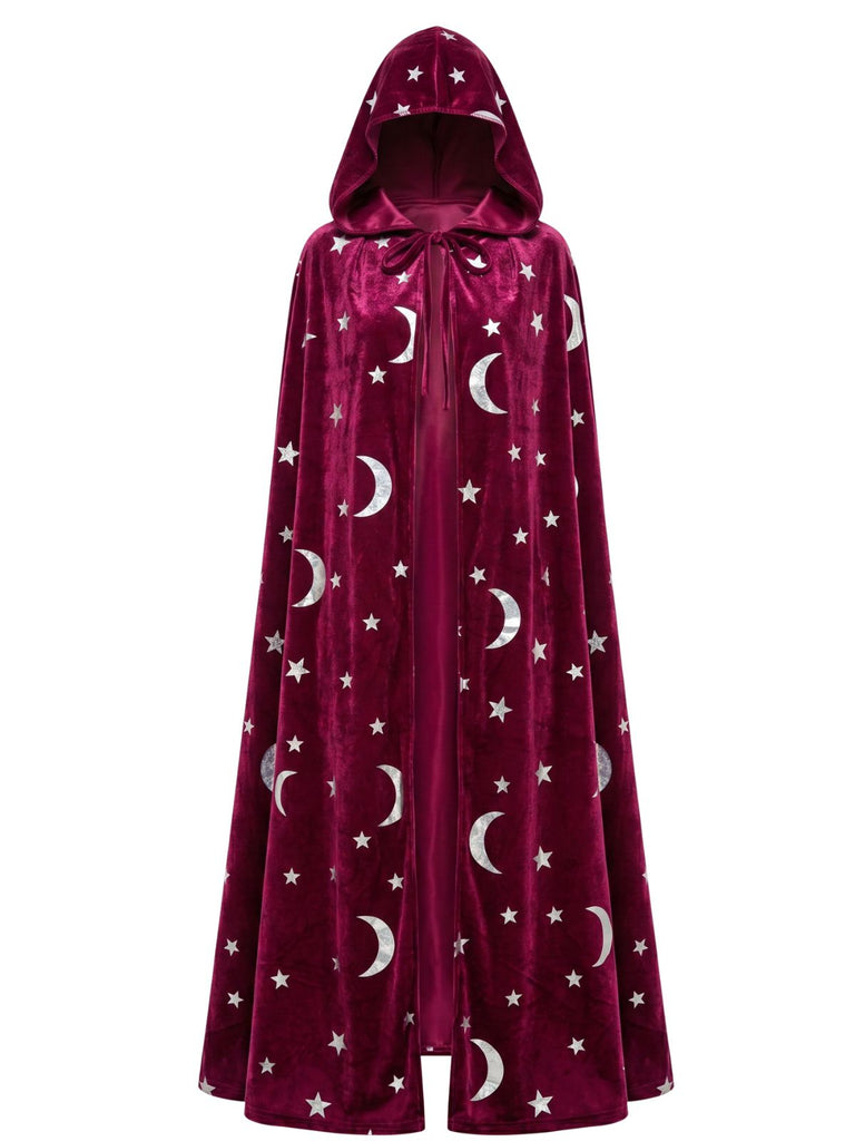 1950s Halloween Star & Moon Velvet Long Hooded Cape, vintage fashion, retro style - perfect for women who love vintage and retro fashion