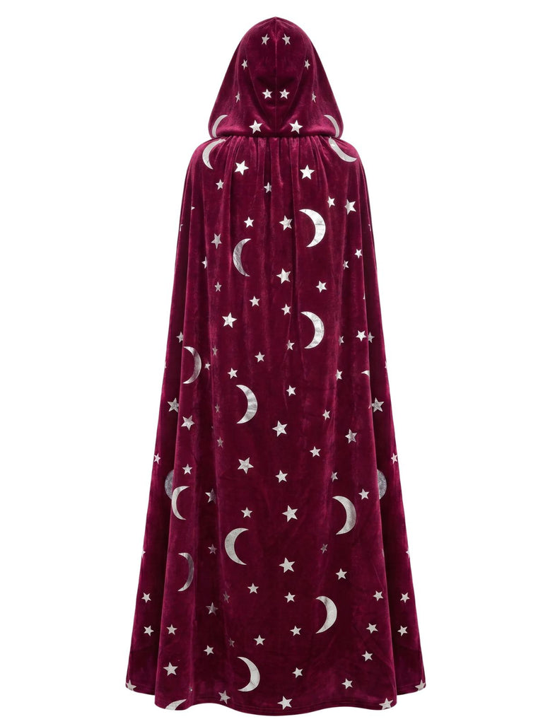 1950s Halloween Star & Moon Velvet Long Hooded Cape, vintage fashion, retro style - perfect for women who love vintage and retro fashion