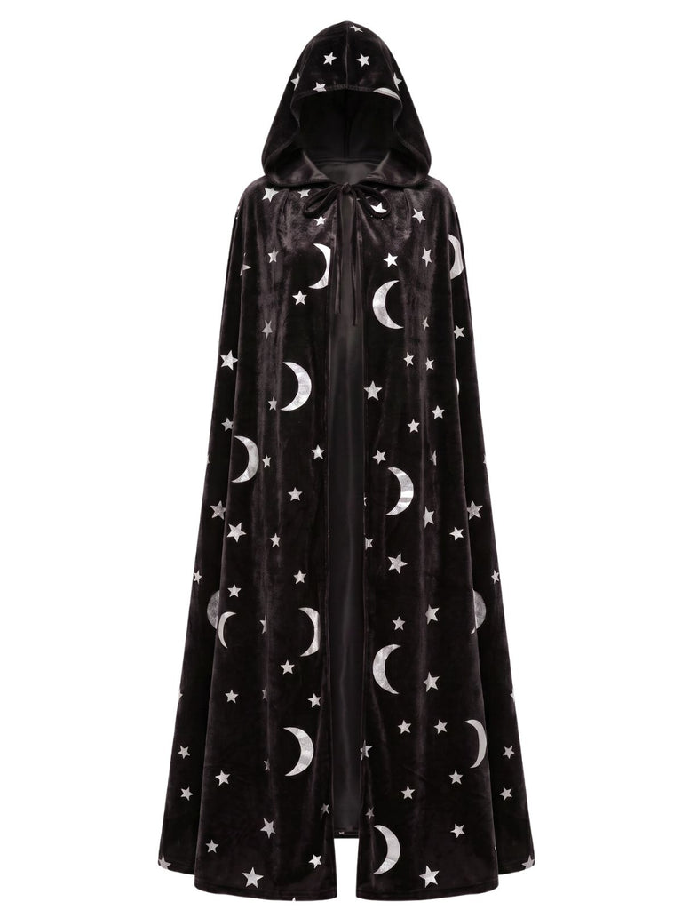 1950s Halloween Star & Moon Velvet Long Hooded Cape, vintage fashion, retro style - perfect for women who love vintage and retro fashion