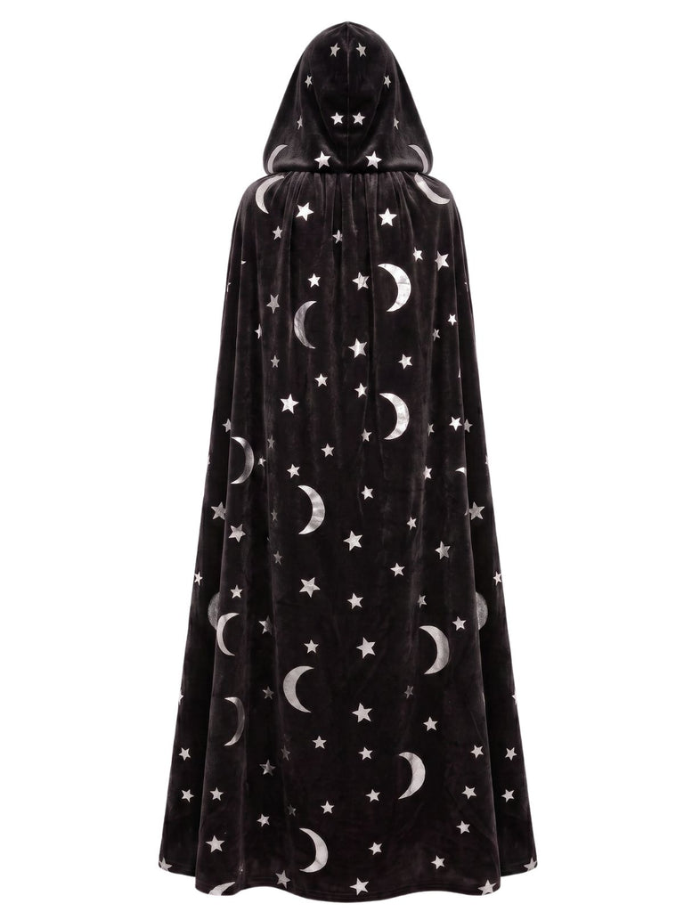 1950s Halloween Star & Moon Velvet Long Hooded Cape, vintage fashion, retro style - perfect for women who love vintage and retro fashion