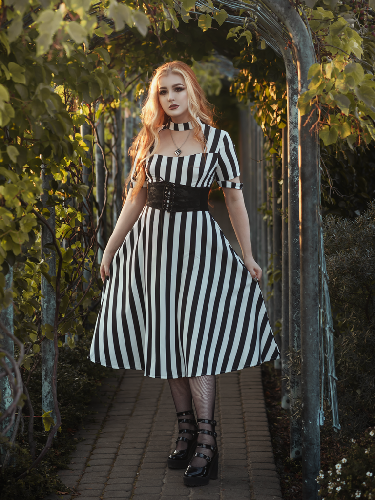 1950s Halloween Striped Hollow Collar Dress - vintage dress, retro fashion, rockabilly