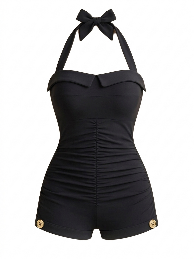 1950s Halter Bowknot One-piece Swimsuit - vintage swimwear, retro beach style for women