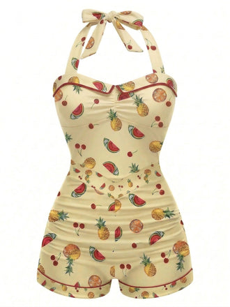 1950s Halter Bowknot One-piece Swimsuit - vintage swimwear, retro beach style for women