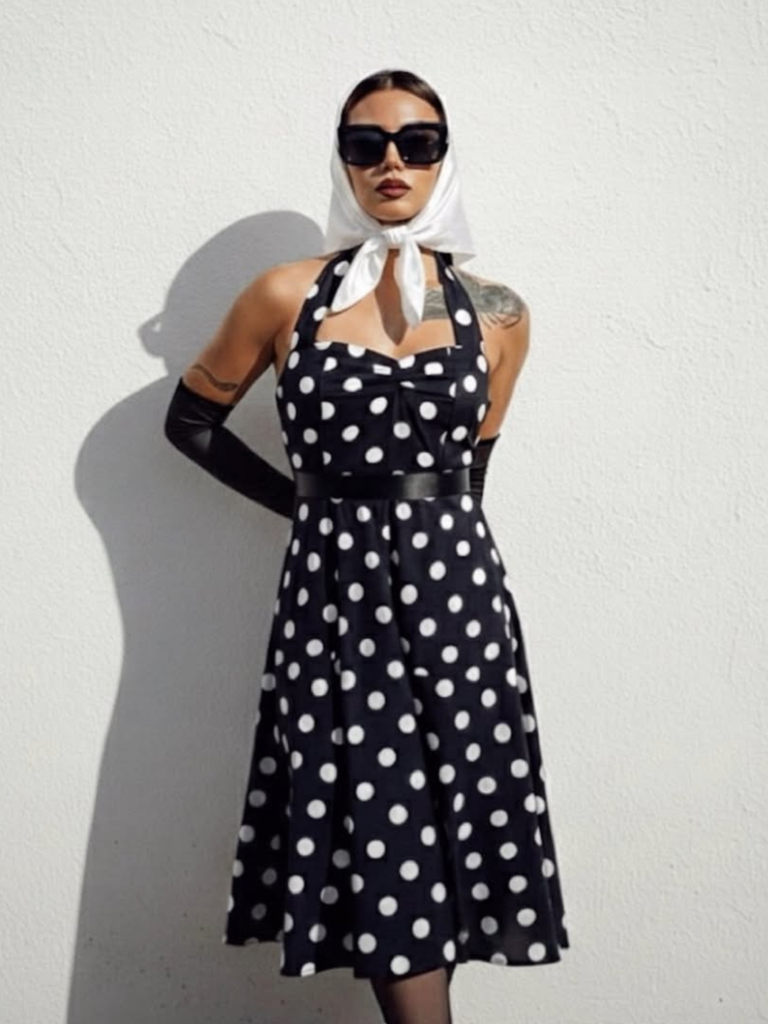 1950s Halter Contrast Polka Dots Belted Dress - vintage dress, retro fashion, rockabilly