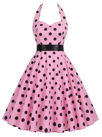 Pink 1950s Halter Contrast Polka Dots Belted Dress, vintage dress, retro fashion, rockabilly, pin-up fashion, women, elegant