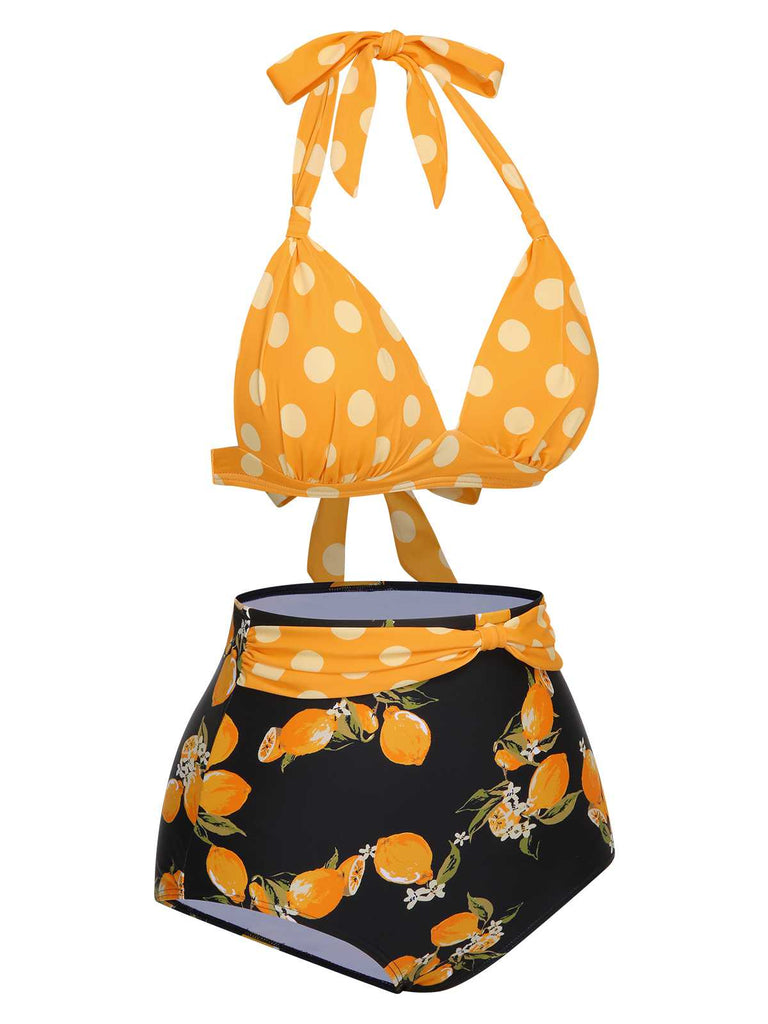 1950s Halter Contrast Polka Dots Swimsuit: 1950s Riviera elegance, reimagined for her
