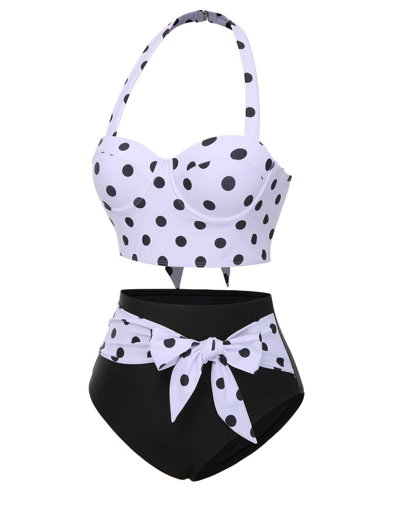 This 1950s Halter Contrast Polka Dots Swimsuit carries 1950s vacation dreams in every stitch