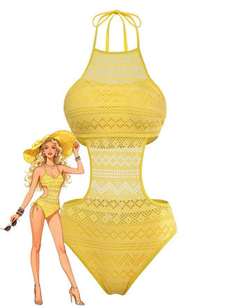 1950s Halter Cut-Out Solid One-Piece Swimsuit - vintage swimsuit, pin-up style