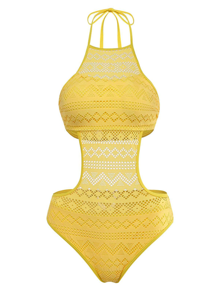 1950s Halter Cut-Out Solid One-Piece Swimsuit - vintage swimsuit, pin-up style
