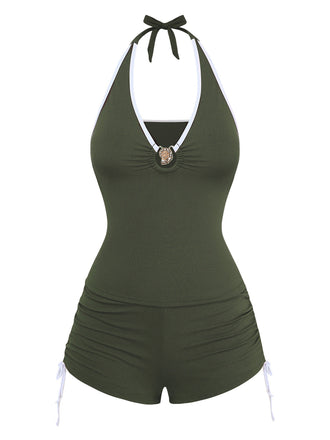 [Pre-Sale] Light Coffee 1950s Sleeveless Drawstring Shorts Bikini Set, vintage swimsuit, pin-up swimwear - perfect for women who love vintage and retro fashion