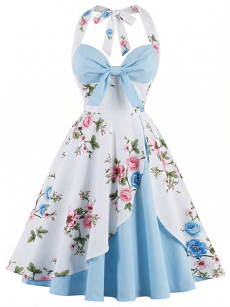 Sky Blue 1950s Floral Halter Bow Dress