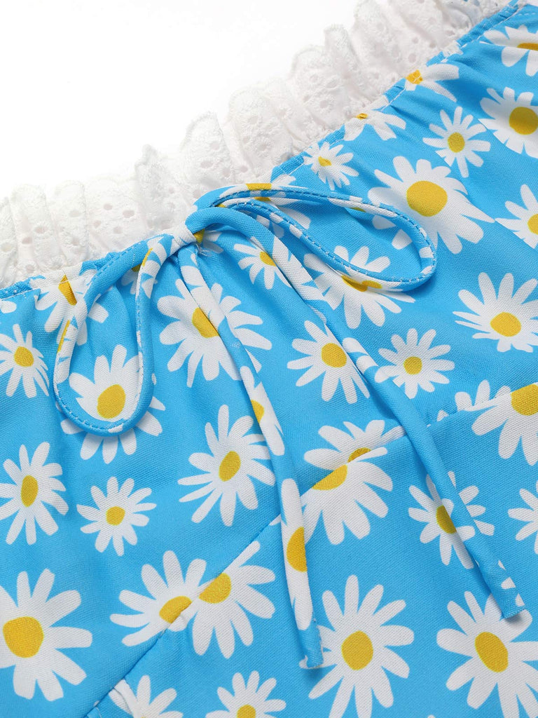 She slips into this Blue 1950s Halter Lace Daisy Dress and suddenly it's a 1950s daydream
