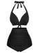 1950s Halter Plaids Lace-Up High Waisted Swimsuit: 1950s Riviera elegance, reimagined for her