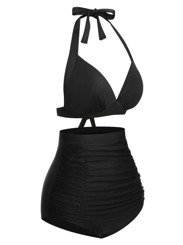 This 1950s Halter Plaids Lace-Up High Waisted Swimsuit carries 1950s vacation dreams in every stitch