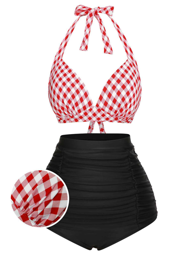 1950s Halter Plaids Lace-Up Swimsuit, vintage swimsuit, pin-up swimwear - perfect for women who love vintage and retro fashion