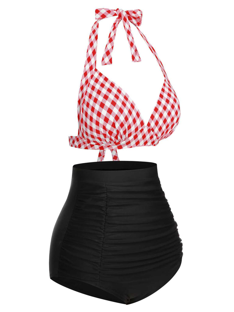 1950s Halter Plaids Lace-Up Swimsuit, vintage swimsuit, pin-up swimwear - perfect for women who love vintage and retro fashion