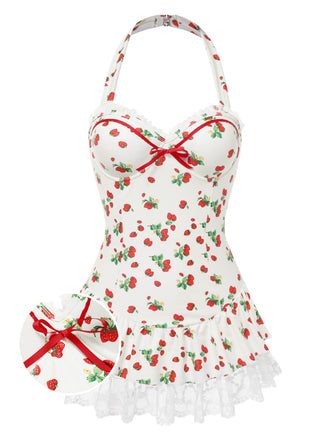 1950s Halter Strawberry Lace Bow Swimdress - vintage dress, retro fashion, rockabilly