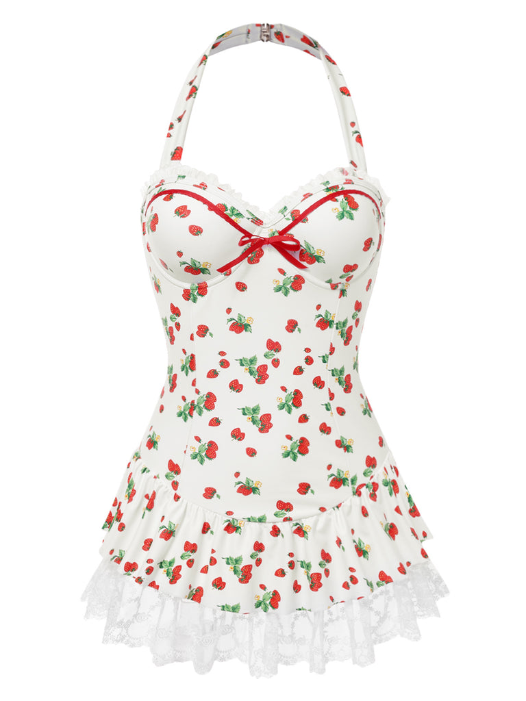 1950s Halter Strawberry Lace Bow Swimdress - vintage dress, retro fashion, rockabilly