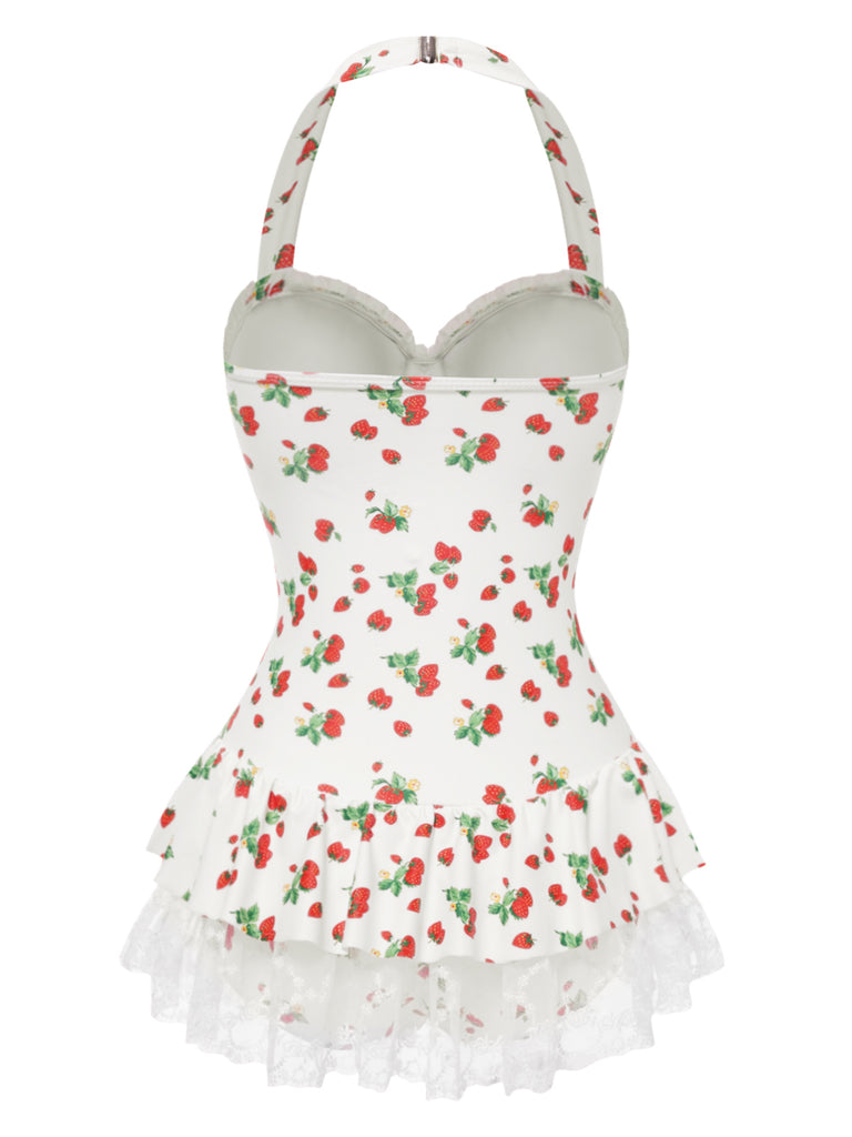 1950s Halter Strawberry Lace Bow Swimdress - vintage dress, retro fashion, rockabilly