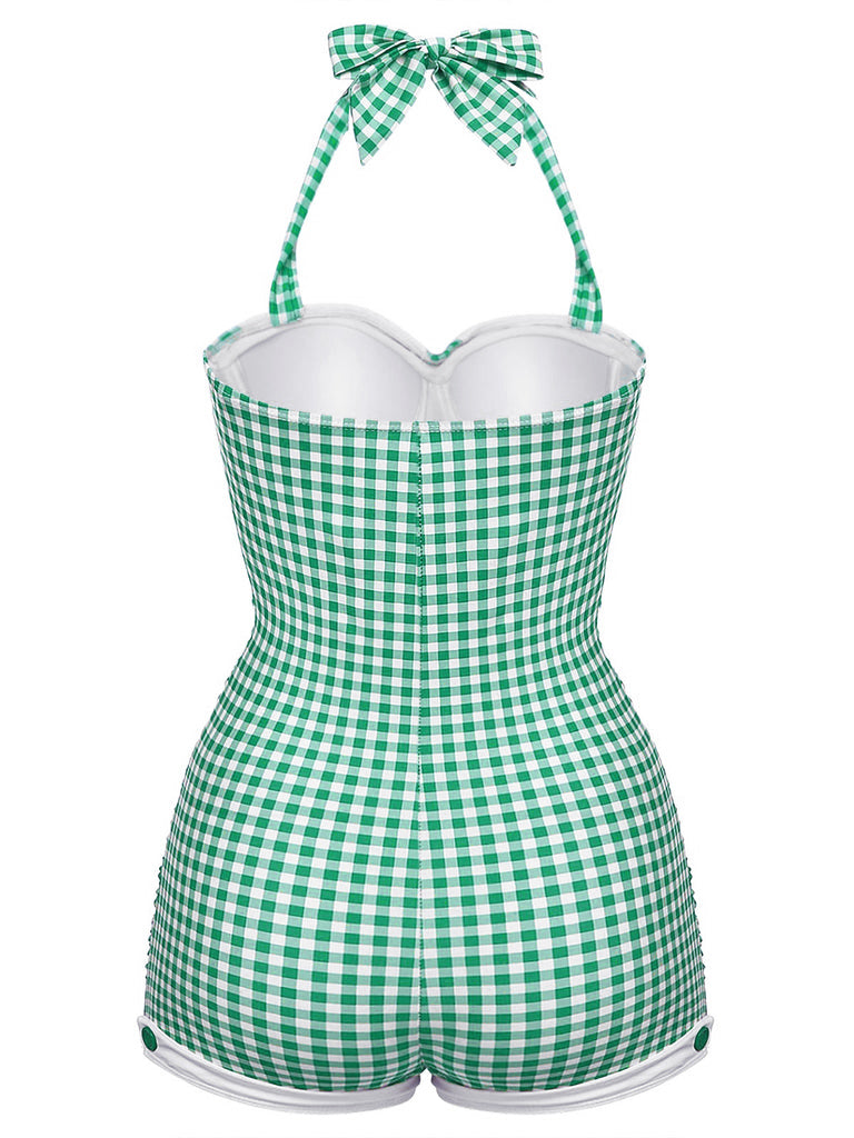 1950s Halter Striped Polka Dot Bowknot One-piece Swimsuit - vintage swimwear, retro swimsuit, pin-up style for vintage lovers