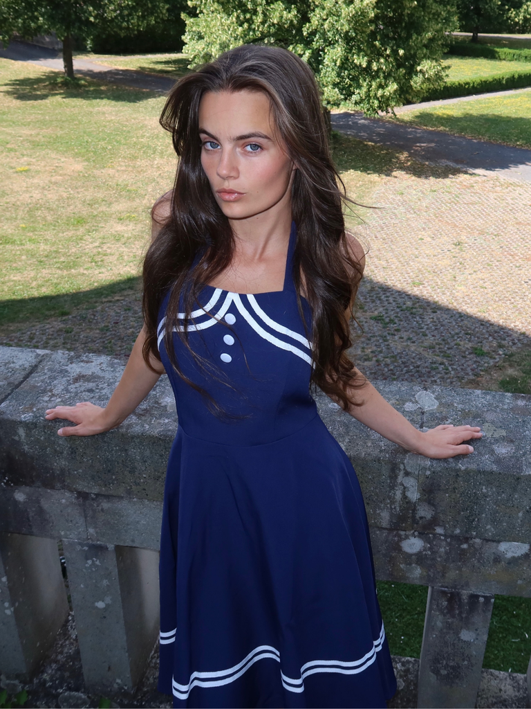 1950s Halter Navy Swing Dress, vintage dress, retro fashion, rockabilly, pin-up fashion - perfect for women who love vintage and retro fashion