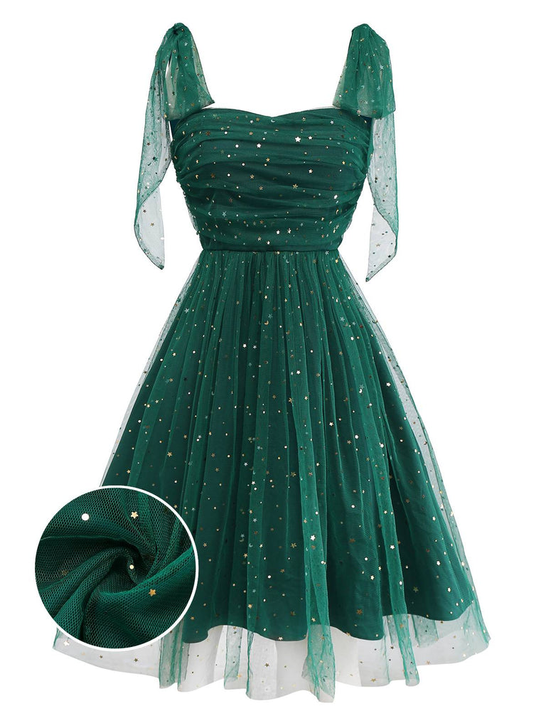 Green 1950s Glitter Shoulder Tie Ruched Dress - vintage dress, retro fashion, rockabilly