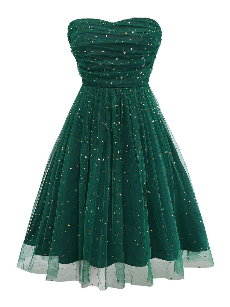 Green 1950s Glitter Shoulder Tie Ruched Dress - vintage dress, retro fashion, rockabilly