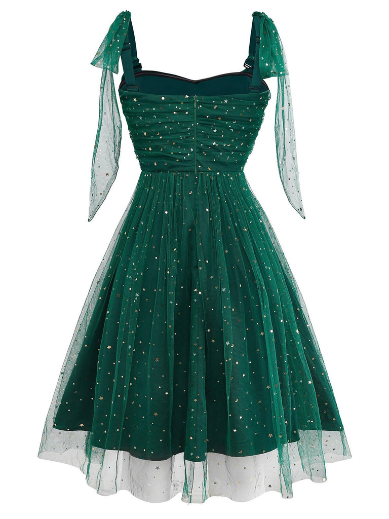 Green 1950s Glitter Shoulder Tie Ruched Dress - vintage dress, retro fashion, rockabilly