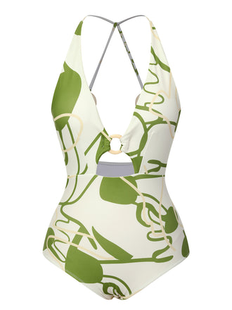 1950s Hollow Ring Backless Halter Swimsuit, vintage swimsuit, pin-up swimwear - perfect for women who love vintage and retro fashion